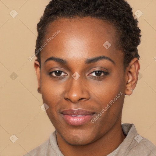 Joyful black young-adult female with short  brown hair and brown eyes