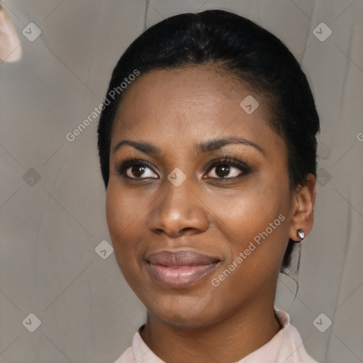 Joyful latino young-adult female with short  black hair and brown eyes