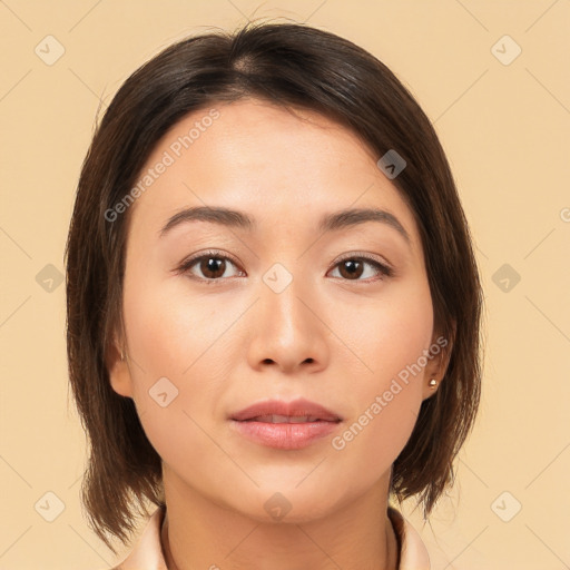 Neutral white young-adult female with medium  brown hair and brown eyes