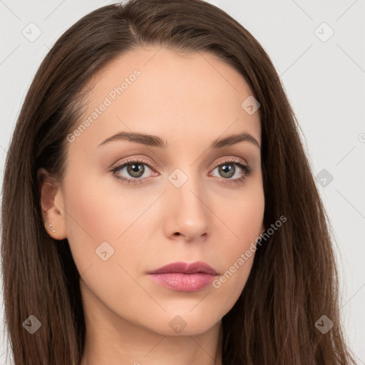 Neutral white young-adult female with long  brown hair and brown eyes