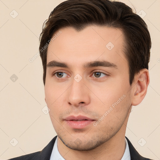 Neutral white young-adult male with short  brown hair and brown eyes