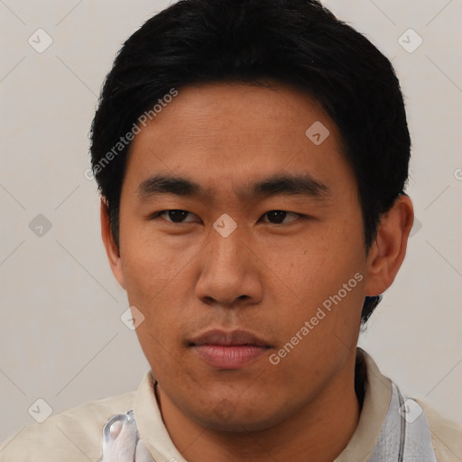 Neutral asian young-adult male with short  black hair and brown eyes