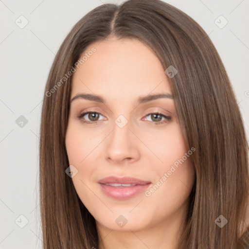 Neutral white young-adult female with long  brown hair and brown eyes