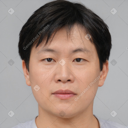 Neutral asian young-adult male with short  brown hair and brown eyes