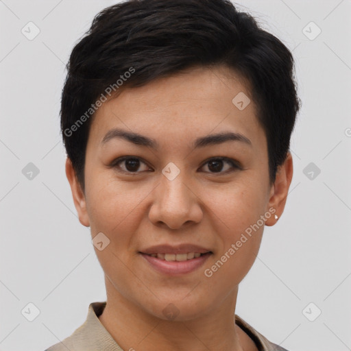 Joyful white young-adult female with short  brown hair and brown eyes