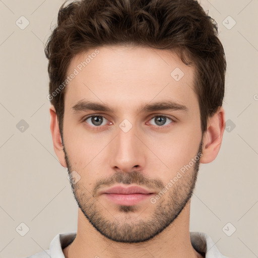 Neutral white young-adult male with short  brown hair and brown eyes