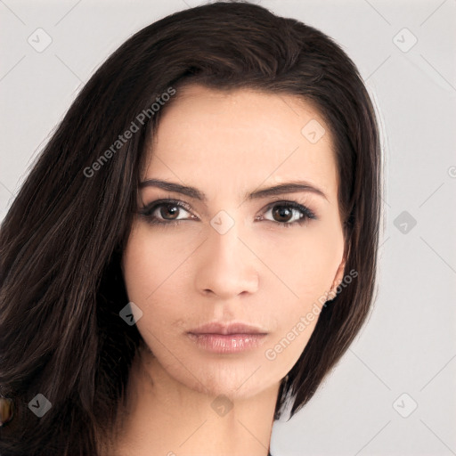 Neutral white young-adult female with long  brown hair and brown eyes