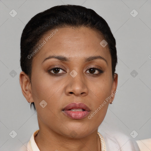 Neutral latino young-adult female with short  brown hair and brown eyes