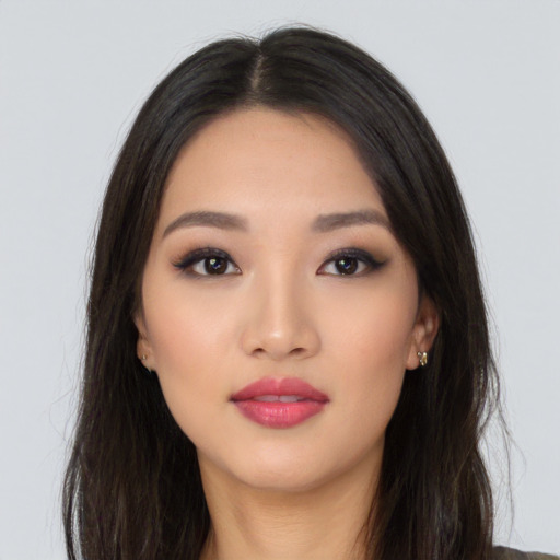 Neutral asian young-adult female with long  black hair and brown eyes