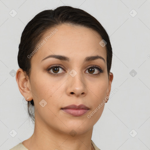 Neutral white young-adult female with short  brown hair and brown eyes