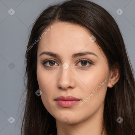 Neutral white young-adult female with long  brown hair and brown eyes