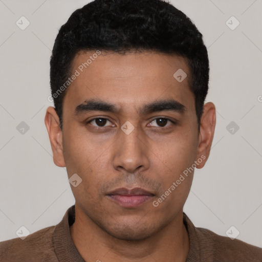 Neutral latino young-adult male with short  black hair and brown eyes