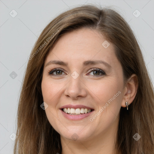 Joyful white young-adult female with long  brown hair and green eyes