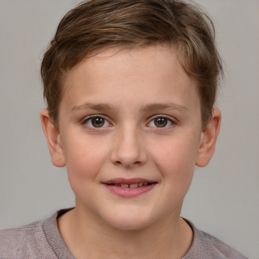 Joyful white child female with short  brown hair and grey eyes