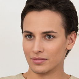 Neutral white young-adult female with short  brown hair and brown eyes