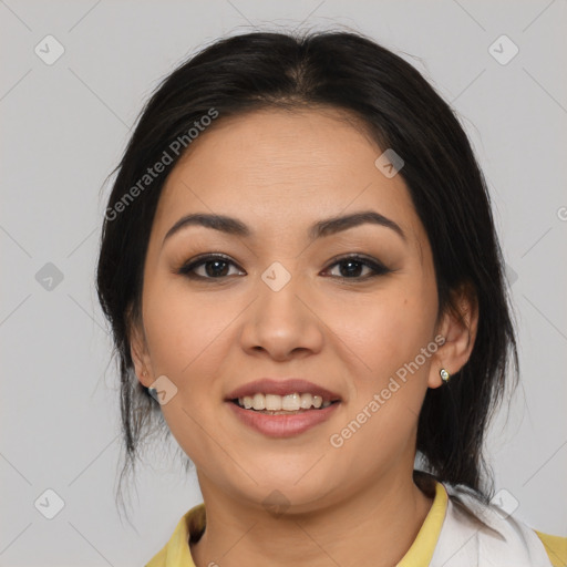 Joyful asian young-adult female with medium  brown hair and brown eyes