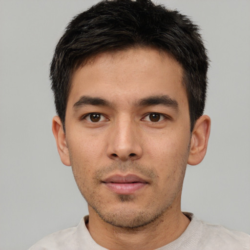 Neutral white young-adult male with short  black hair and brown eyes