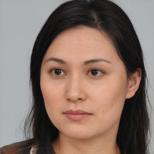 Neutral asian young-adult female with long  brown hair and brown eyes
