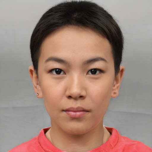Neutral white young-adult female with short  brown hair and brown eyes