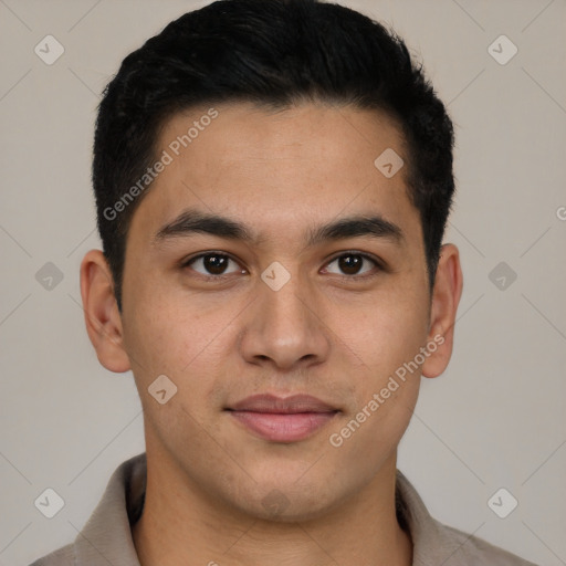 Joyful latino young-adult male with short  black hair and brown eyes