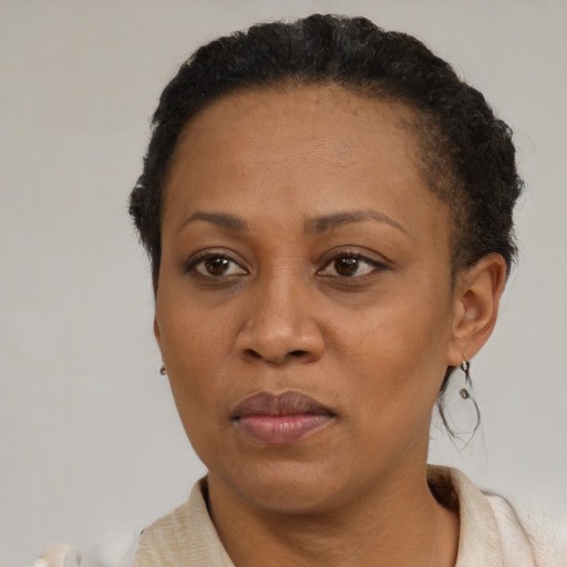 Joyful black adult female with short  brown hair and brown eyes