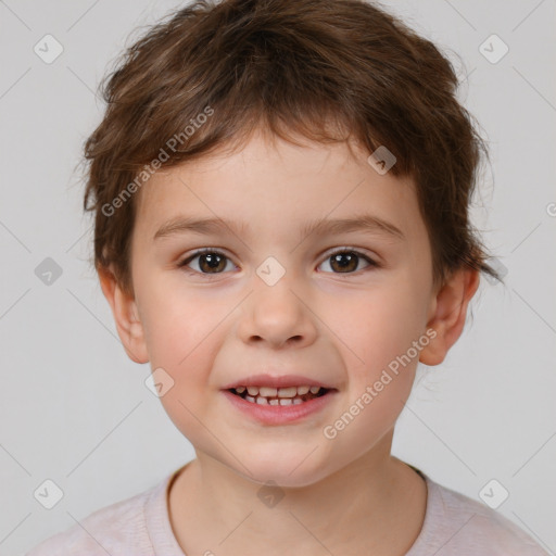 Joyful white child male with short  brown hair and brown eyes