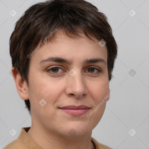 Joyful white young-adult female with medium  brown hair and brown eyes