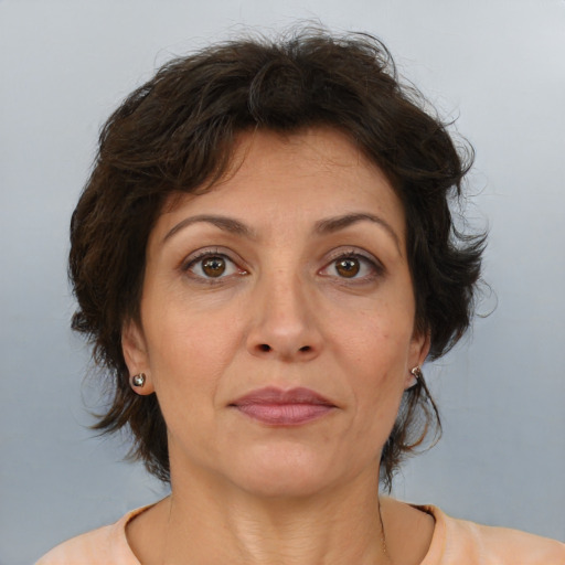 Neutral white adult female with medium  brown hair and brown eyes