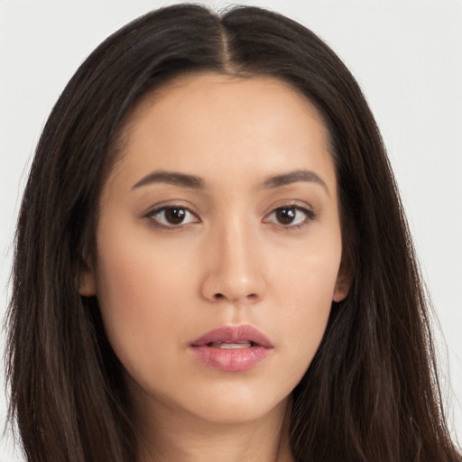 Neutral asian young-adult female with long  brown hair and brown eyes