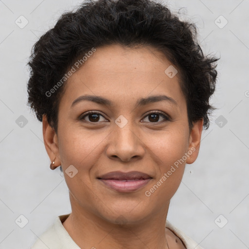 Joyful latino young-adult female with short  brown hair and brown eyes