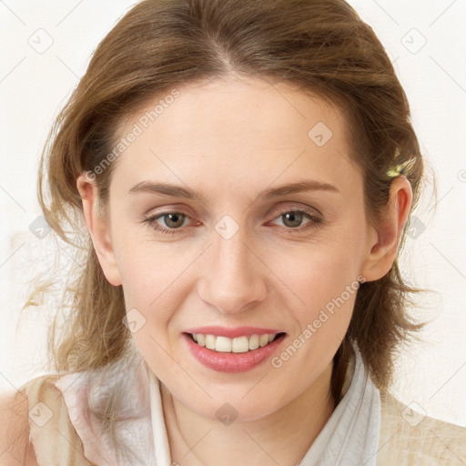 Joyful white young-adult female with long  brown hair and blue eyes