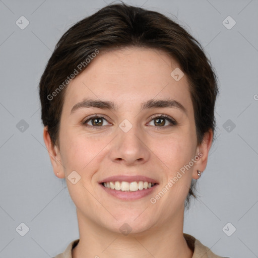 Joyful white young-adult female with short  brown hair and brown eyes