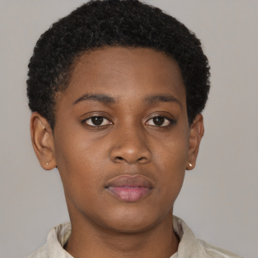 Neutral black young-adult female with short  brown hair and brown eyes