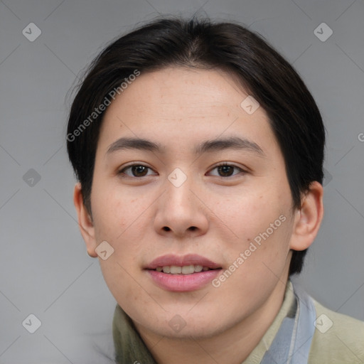 Joyful asian young-adult female with medium  brown hair and brown eyes