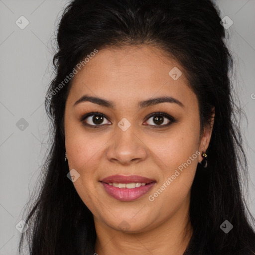 Joyful latino young-adult female with long  brown hair and brown eyes