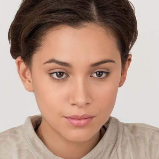 Neutral white young-adult female with short  brown hair and brown eyes