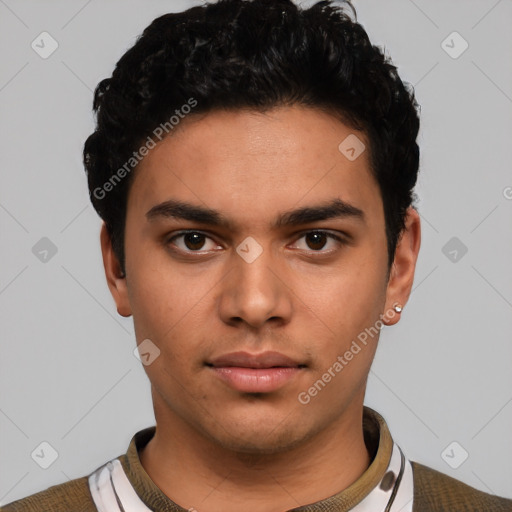 Neutral latino young-adult male with short  black hair and brown eyes