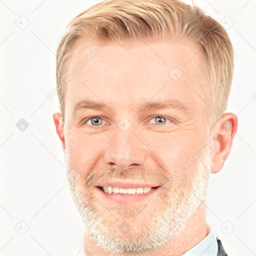 Joyful white adult male with short  brown hair and grey eyes