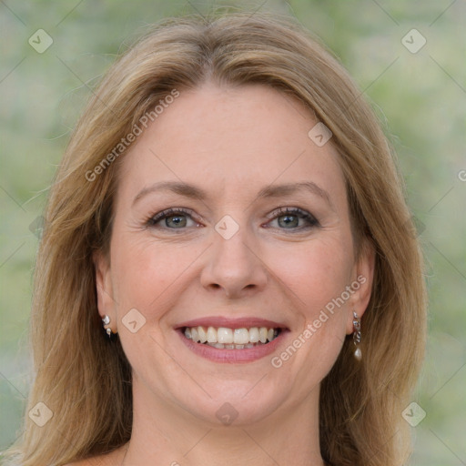 Joyful white young-adult female with medium  brown hair and green eyes