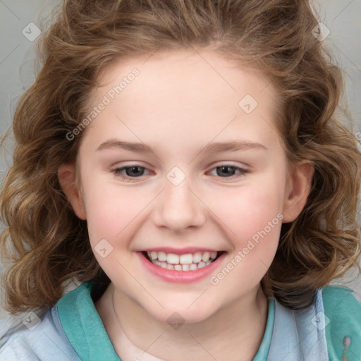 Joyful white child female with medium  brown hair and brown eyes