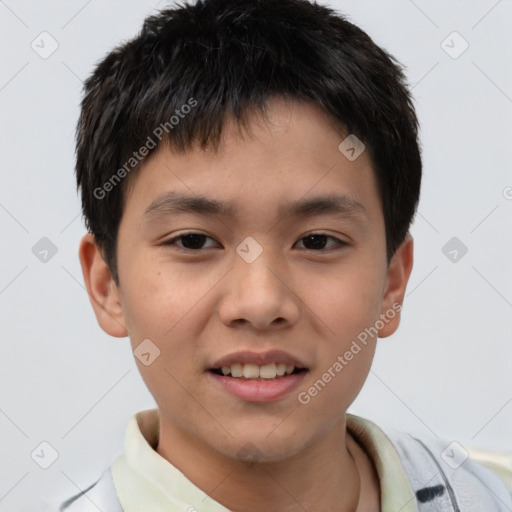 Joyful white child male with short  brown hair and brown eyes