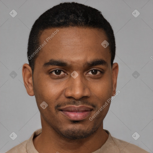 Joyful black young-adult male with short  black hair and brown eyes