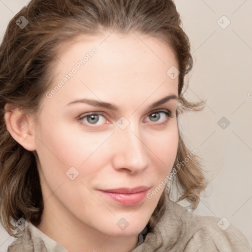 Neutral white young-adult female with medium  brown hair and grey eyes