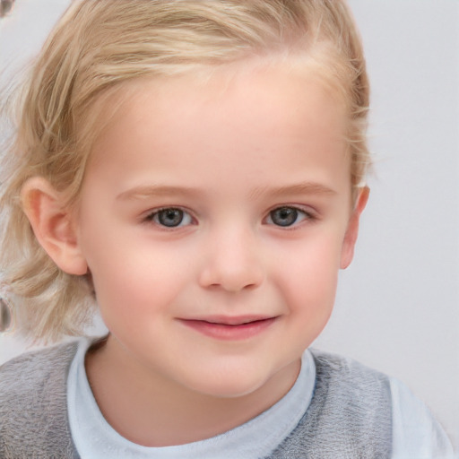 Joyful white child female with short  blond hair and blue eyes