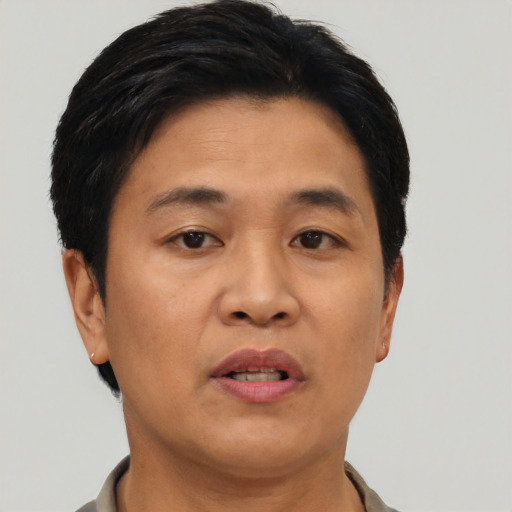 Joyful asian adult male with short  brown hair and brown eyes