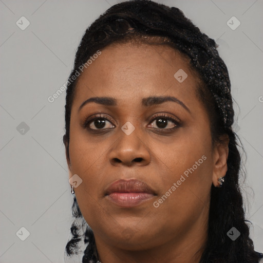 Joyful black young-adult female with long  black hair and brown eyes