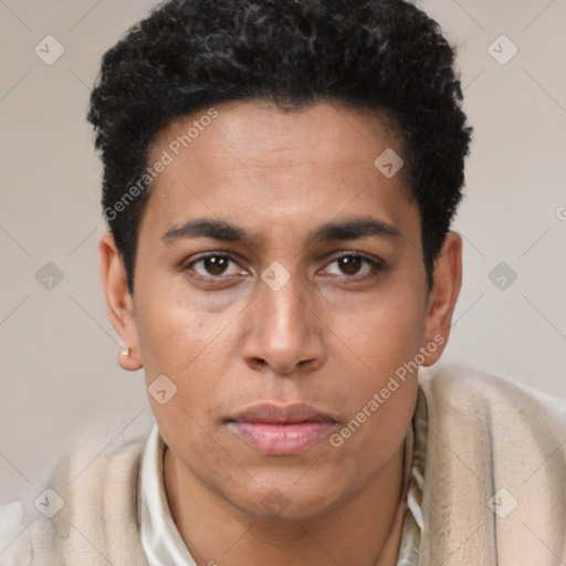 Neutral latino young-adult male with short  brown hair and brown eyes