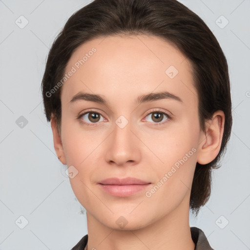 Neutral white young-adult female with medium  brown hair and brown eyes