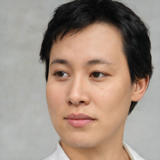 Neutral asian young-adult female with medium  brown hair and brown eyes