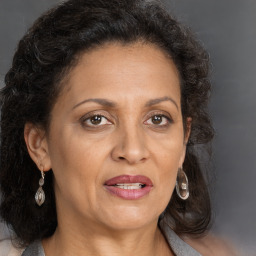 Joyful white adult female with long  brown hair and brown eyes